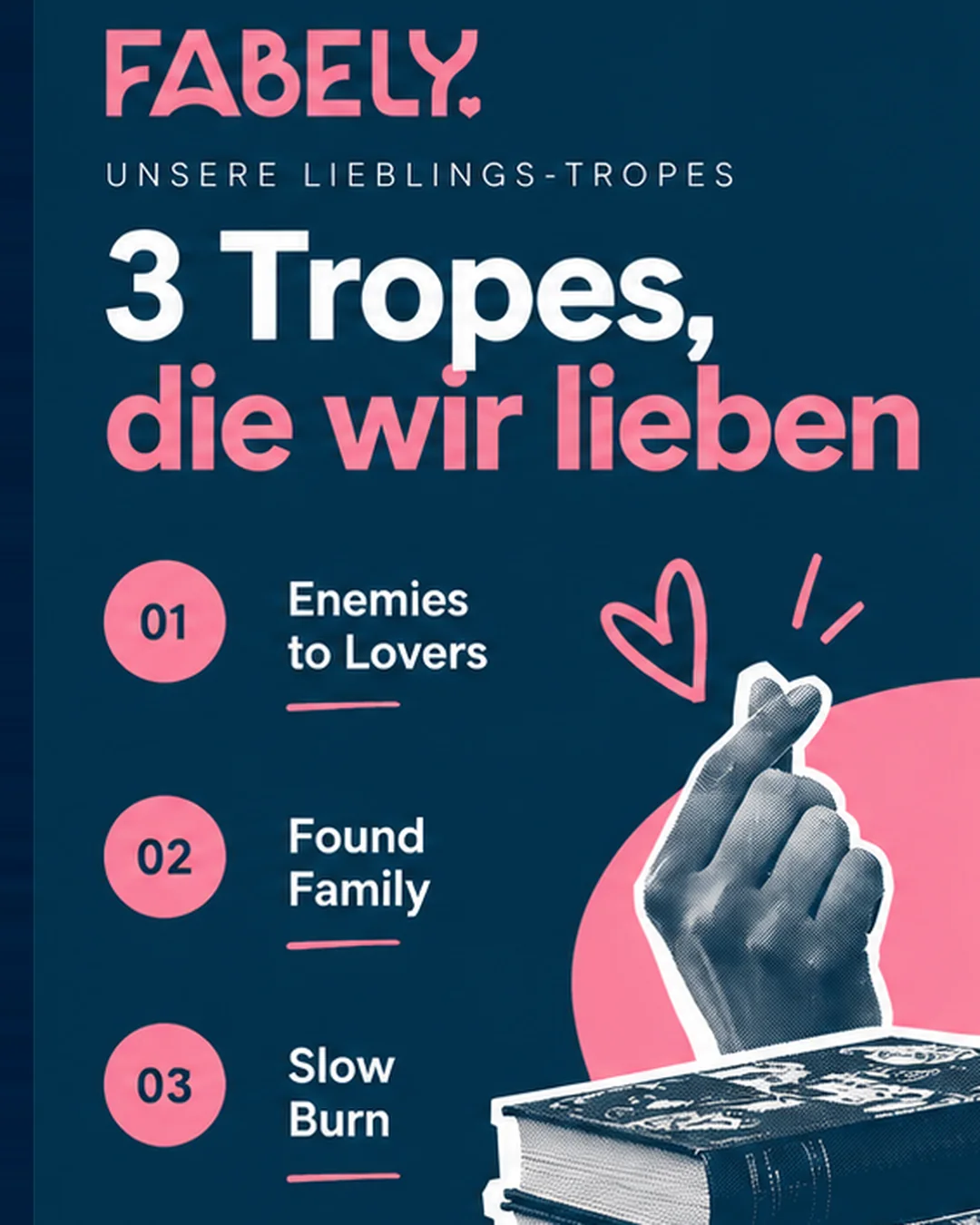 Instagram-Post im Fabely-Look: „3 Tropes, die wir lieben“ – Enemies to Lovers, Found Family, Slow Burn.