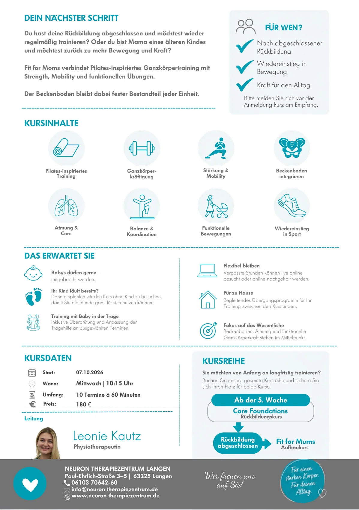 Rückseite des Flyers „Fit for Moms“: Zielgruppe, Kursinhalte als Icons, was die Teilnehmerinnen erwartet, Kursdaten, Kursleitung Leonie Kautz und die Kursreihe.